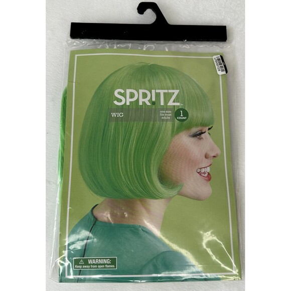 Spritz Wig Neon Lime Green Bob Bangs Witch Anime Cosplay Halloween Oz Fairy Evil - Picture 1 of 5